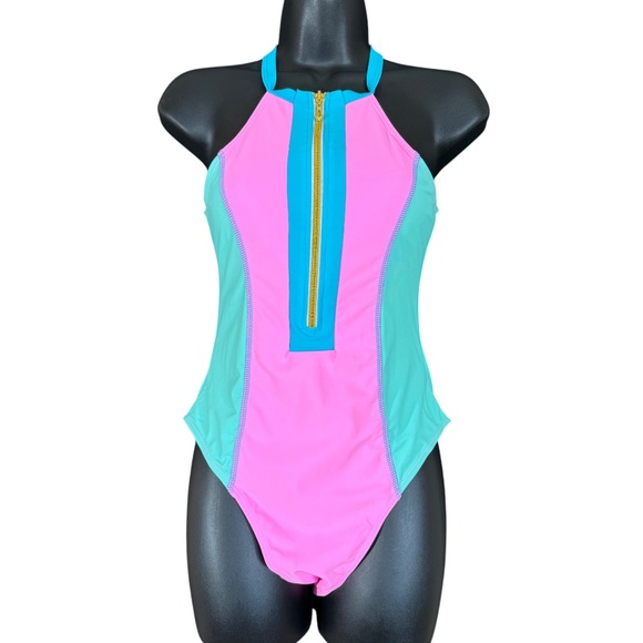 NWT Bikinx Pink & Green Front Zip One Piece Swimsuit Women's Size Small - Picture 7 of 17